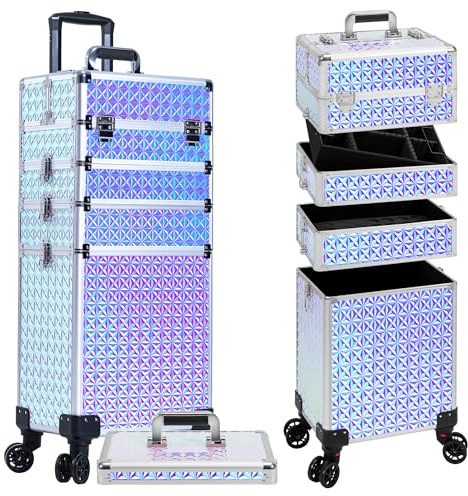 Arous Mallette de maquillage professionnelle 5 en 1 en aluminium avec roulettes pivotantes à 360°, Argenté., 5 en 1