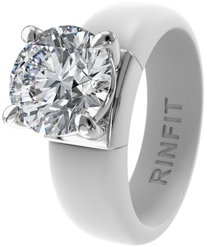 Rinfit Silicone Ring with Stone - Round Cut Cubic Zirconia Solitaire Engagement Ring for Women - Rubber Wedding Bands - White/Silver - Size 9