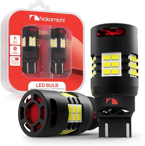 Nakamichi Bombilla SMD LED T20 7443 7441 7444 (W21/5W) para coche con CANBUS ventilador 12000 RPM sin errores para luz de marcha atrás freno intermitente, luz trasera (Blanco Xenón, 30 LED, Pack de 2)
