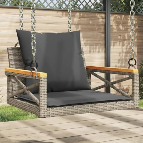 Ziaphsol Fauteuil suspendu avec coussin en rotin synthétique gris 63 x 62 x 40 cm, banc à bascule d'extérieur pour terrasse, balcon, jardin, avec anneaux de fixation, jusqu'à 110 kg par siège