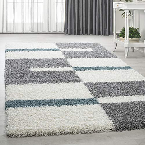 HomebyHome Shaggy Teppich 200x300 Wohnzimmer (200 x 290 cm) - Hochflor Teppich Türkis, Grau und Weiss Extra Weich und Flauschig - Bettvorleger Teppich für Schlafzimmer, Küchenläufer - Carpet, Halı