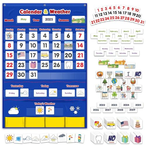 Godery Calendar and Weather Pocket Chart, Classroom Organized Chart, 149 Pieces