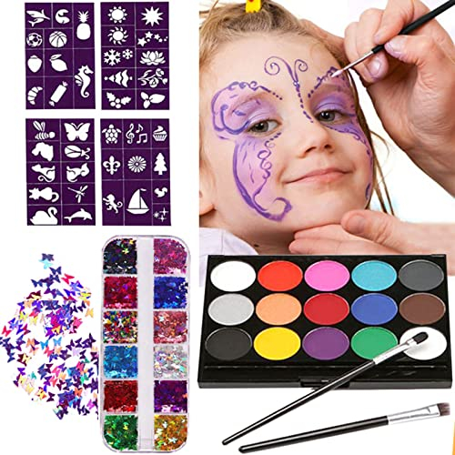 Liuer Kinderschminke Set,15 Professionelle Schminkfarben Gesichtsfarben mit 4 PCS Tattoo Schablonen Faschingsschminke Theaterschminke Geschenk für Kinder Ideal für Partys Easter Halloween