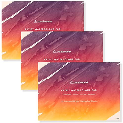 Watercolour Paper Painting Pad (96 Sheets, A5 Size (14.8x21cm), 3 PK) Premium 300 GSM Thick Professional Sketchbook for Mixed Media, Smooth & Slightly Textured Minimizes Bleeding by CreativePeak