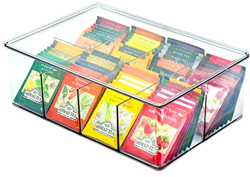 Youngever Hard Plastic Tea Bag Organiser with Lid, Tea Packet Holder, Re-usable Food Packet Storage Container Divided into 8 Compartments, Tea Bags Storage Bin