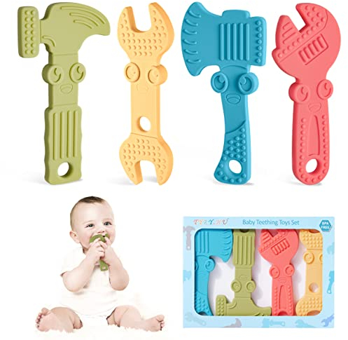 TYRY.HU Beißring Babys Kauspielzeug Greifling Beißspielzeug Babyspielzeug BPA-Frei Silikon Baby Kühlend Zahnungshilfe Spielzeug 3 6 12 Monate Geschenke für Neugeborene, 4 Stück