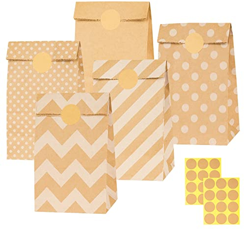 Papiertüten Braun, 20 Stück Geschenktüten Braun Tüten Papier mit 24 Aufkleber, Papiertüten zum Verpacken von Weihnachtsgeschenken, Giveaways, Kindergeburtstagen