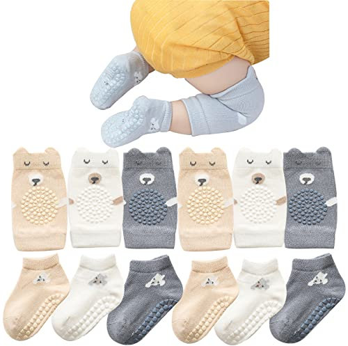 Hanzapor Baby Krabbeln 3 Paar Baby Socken und 3 Paar Baby Knieschoner 0-24 Monate Jungen Mädchen Rutschfeste Socken Stoppersocken (DE/NL/SE/PL, Alter, 6 Monate, 12 Monate, kleiner Bär)