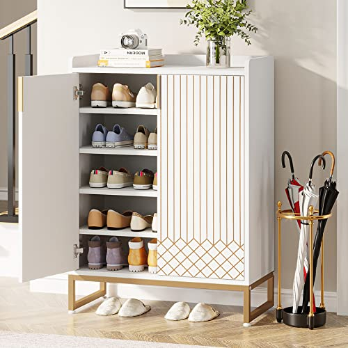 Tribesigns Schuhschrank mit 2 Türen, 73x35x105cm, Schuhregal Schuhkommode für 25 Paare, Schuhschrank weiß mit goldenem Metallrahmen, Schuhkipper schmal, Schrank Flur Schuhkommode im Flur, Weiß