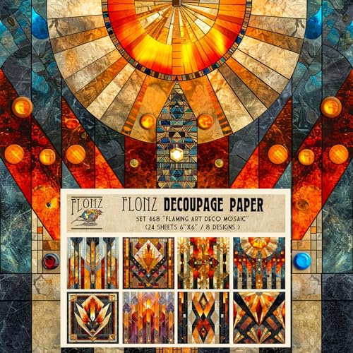 Decoupage Paper Pack (24 Sheets 6x6) Flaming Art Deco Mosaic # Vintage Styled Pattern Paper for Decoupage, Craft and Scrapbooking
