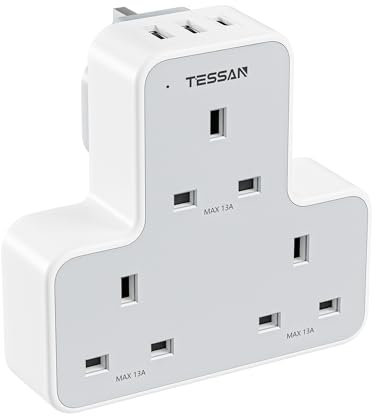 USB Plug Charger Adapter UK, TESSAN 3 Way Plug Extension Socket with Multi USB Charging Station, Multiplug Extender for Home, Kitchen, Office, School Supplies
