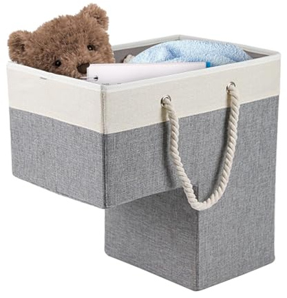 Panier à magazines en osier - Panier à marches marron naturel - Panier d'escalier avec moquette - Organiseur de rangement pliable en tissu avec poignées en cuir synthétique - Rangement fin