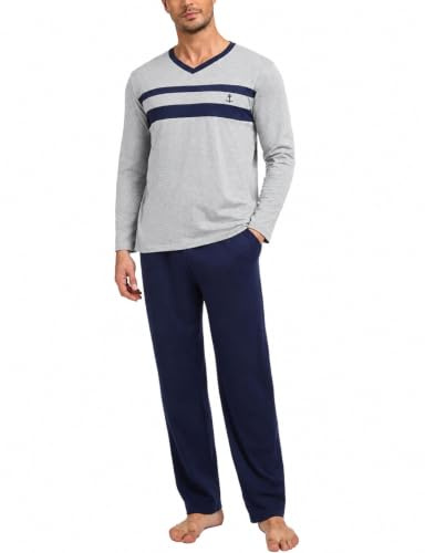 Nieery Pijamas Hombre Invierno Algodón Conjunto Cuello en V Camiseta Manga Larga y Pantalones con Bolsillos S-3XL