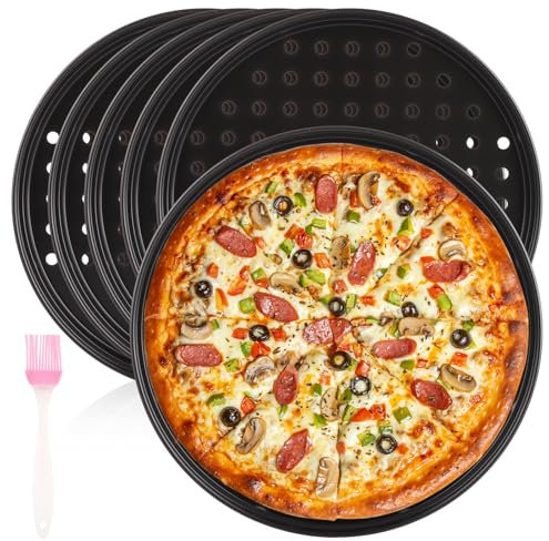 GBACHOOSE 6 Pack Pizza Tray, 10 inch Pizza Oven Trays Non Stick, Carbon Steel Perforated Pizza Pan for Oven, Baking, Roasting, Making Pizza (Complete with Silicone Brush)
