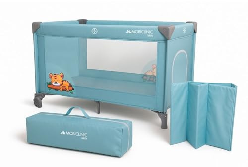 Mobiclinic®, Lettino da viaggio, Culla neonato, 2 in 1, Pieghevole ultracompatto, Materasso rimovibile, Mofli, Fino a 15 kg, Traspirante, Ingresso laterale con cerniera, Box per bambini (azzurro)