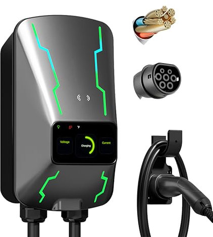 EV Ladegerät mit 32A Typ 2 22kW Heim Ladestation 400V CE & TÜV Wallbox 5m Ladekabel mit LCD, RFID-Karte, App-Steuerung WiFi&BT Aktiviert, IP66 Wasserdicht für Alle EVs