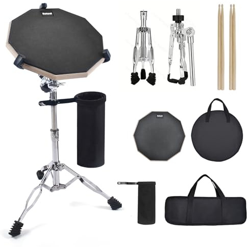 Seteol Drum Practice Pad Set, 12 Inch Double Sided Silent Drum Pad with Storage Bag + Adjustable Snare Drum Stand with Carry Bag + 2 Pair Drum Sticks with Drumstick Holder, Fits 10-14 Drums (Black)