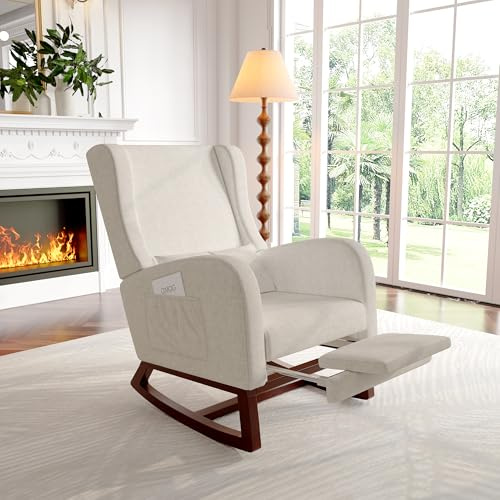Générique Fauteuil à Bascule en Velours, Chaise a basule avec Oreiller Lombaire, Poche latérale et Repose-Pieds, Rocking Chair, Fauteuil de Salon à Bascule pour Salon, Chambre (Beige)