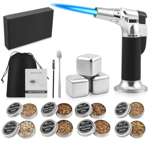 Set per affumicare il whisky, affumicatore per whisky, 8 trucioli di legno, 3 pietre per whisky in acciaio inossidabile, accessori da bar, regalo per uomo, papà, Natale, compleanno, festa del papà