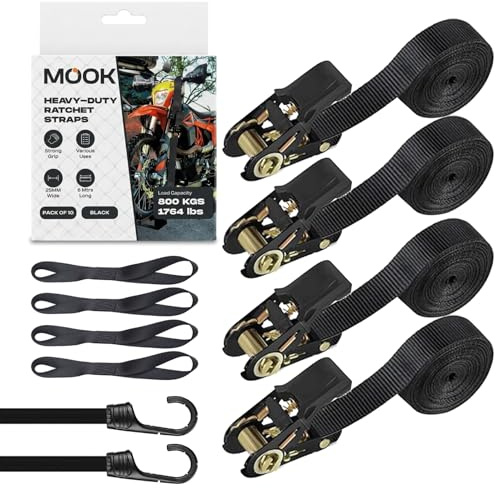 MOOK Heavy Duty Ratchet Straps – 4PCs endless ratchet straps, 6M x 25MM Tie Down Straps with 4 Soft Loops, 2 Bungee Cords – 800KG Load Capacity – Secure Cargo for Car, Kayak, Motorcycle – 10 PCs Set