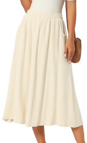 Seta T Women's Linen Skirt Summer Casual Flowy Swing Elastic High Waist A-Line Boho Midi Skirts with Pockets