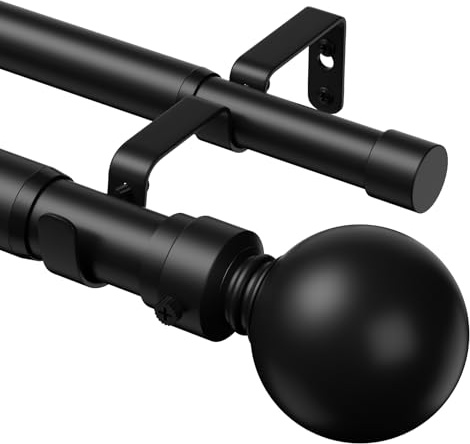 TRAROD Double Curtain Pole 91-210 cm, Heavy Duty Double Curtain Rod, Black