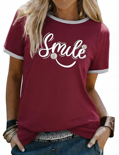 Aottori Maglietta Donna Girocollo Manica Corta Elegante Maglia Estiva Cotone Top con Stampa Sorriso Sciolto T Shirt Base Moda Camicia Casual Comodo Bordeaux S