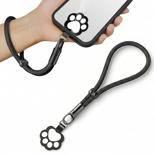 BCHMN Universal mobiltelefonsnodd med katt klo lapp, anti-trassel 360° rotation telefonhandrem, 16 cm kort mobilhängare, klassisk svart