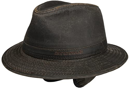 Stetson Berico Traveller Hut Herren Männerhut Baumwollfutter Einfarbiger Stoffhut Used-Look Integrierte Ohrenklappen Herbst Winter braun L (58-59 cm)