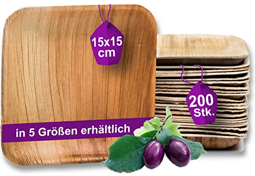 Waipur 200 Platos Desechables de Hoja de Palma Ecológicos - Cuadrado Pequeño, 15x15 cm - Vajilla Orgánica - Estable, Natural y Compostable - Elegantes para Fiestas - Estilo Madera