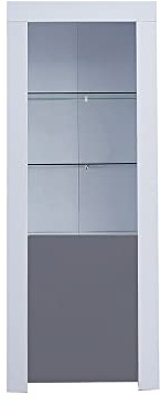 Panana High Gloss Tall Display Cabinet Wood Cupboard Sideboard Free Standing Storage Unit with Glass Shelves Door Blue LED Lights Living Room (Grey and White)