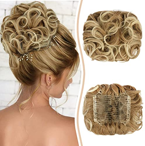 Sofeiyan Short Combs Messy Bun Hair Piece Wavy Curly Hair Extensions Bun Piece Drawstring Ponytail Chignon Combs Clip in Hairpieces for Women Mixture of Dark Blonde and Bleach Blonde
