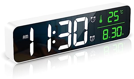ORIA LED Digitale Wecker, 10,5‘’ LED Wand Tischuhr mit Datum/Temperatur, ℃/℉, Zeitgedächtnis, 2 Alarmen, Klingelton/Lautstärke/5 Einstellbare Helligkeit, USB Kabel - Weiß