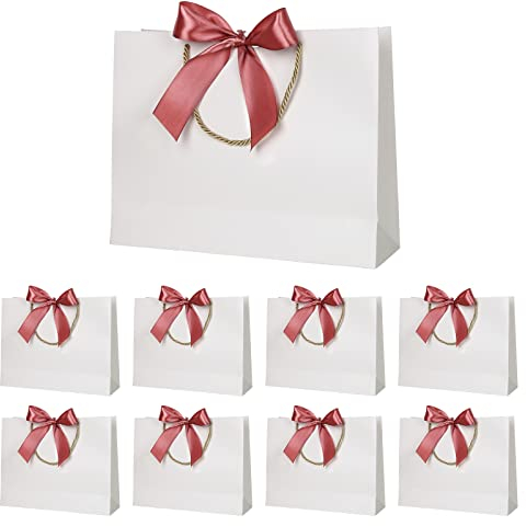 Geschenktüte mit Schleife,Geschenktüte Weiß,Geschenktaschen für Geburtstag, Hochzeit, Festivalfeier, Weihnachten,32 x 25 x 10cm, (Weiß, 8 Stück) (white-pink ribbon)