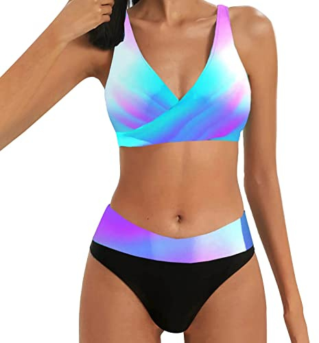 Bikini damset med magkontroll push-up hög midja bikiniset badmode stora storlekar sexig mage väg bikini topp stora bröst triangel bikinibyxor tvådelad nackhållare bandeau med bygel simdräkter, #0 g lila, M