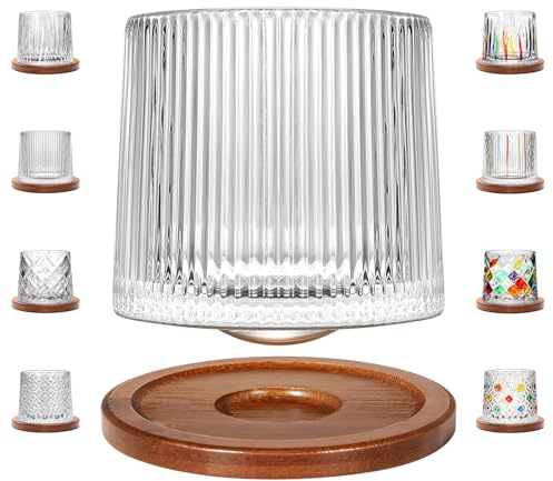 Crystal Rum Glass 275ml/10oz，Rotatable Old Fashioned Glass Cup, Wood Coaster, Thickening, Used as Whiskey Cocktail Glass, Coffee Milk Cup to Relax and Reduce Stress - 1 Piece