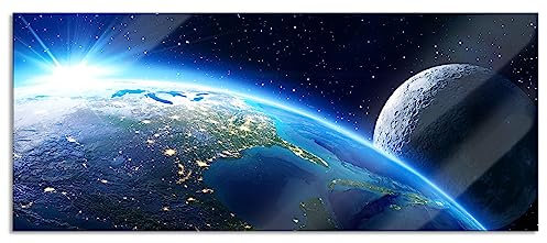 Pixxprint Glasbild Panorama, Wandbild aus Echtglas, Erde und ihr Mond aus dem All, 120x50 cm, inkl. Aufhängung und Abstandshalter