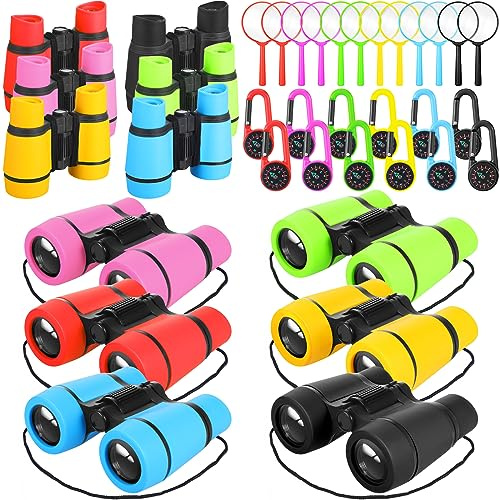 Liliful 12 Sets Kids Binoculars and Compass Play Set with Magnifying Glass, Shockproof High Resolution Binoculars Colorful Compass for Boys Girls Bird Watching Hiking Exploring