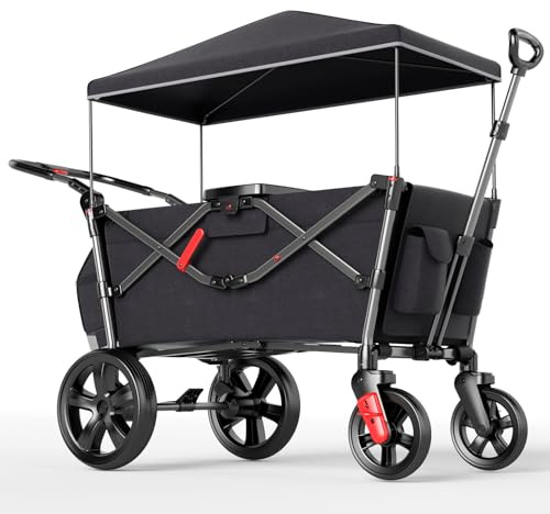EVER ADVANCED Wagon for Kids to Sit in, Stroller Wagon for 2 Kids with Removable Canopy, Pull Along with Seats 5-Point Harnesses, Portable Push Pull Cart with Handle Bar Black