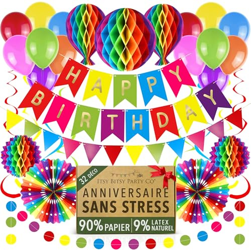Premium Reusable Birthday Party Decorations - Rainbow Birthday Decoration Set - Balloons, Happy Birthday Banner, Birthday Bunting, Honeycomb Decorations, Swirls (Colourful Rainbow Party Decorations)