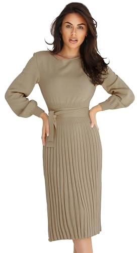 Ever-Pretty Vestito Maglioni Donna Abito Casual a Maniche Lunghe Invernali Elegante Abito in Maglia Midi Abito con Cintura Pullover Elasticizzato Autunno Cachi M