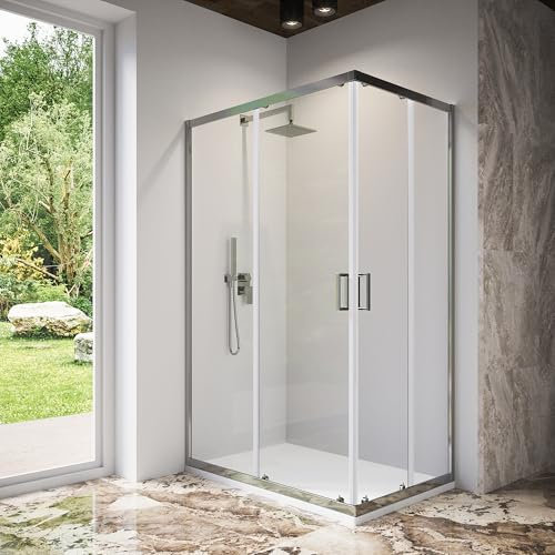 Box Doccia Angolare Due Ante Scorrevoli Cristallo Temperato 6mm Profili Squadrati Cromati Altezza 185 cm - Tonga (Vetro Trasparente, 70x100)