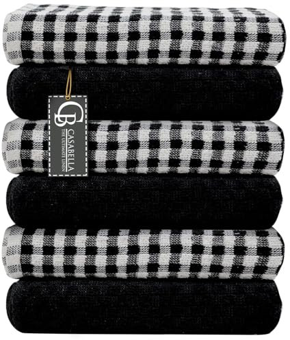 Casabella Pack Of 6 Terry Towelling Cotton Kitchen Tea Towels. Soft Kitchen Tea Towel Set, Highly Absorbent Dish Towels & Bar Towel Unbeatable Price (6 Pieces Set, Black)