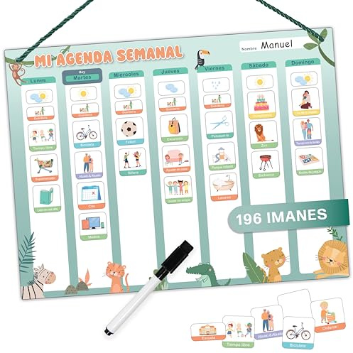 Mini Mindz® Planificador semanal para niños - Pizarra magnética Montessori con un bonito diseño que incluye 196 imanes y un bolígrafo - Juegos educativos a partir de 3 años - Calendario infantil