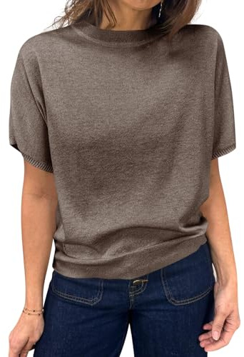 Saodimallsu Womens Short Sleeve Sweater Casual Basic Crew Neck Loose Knit Pullover Tops Summer Lightweight Blouses Coffee