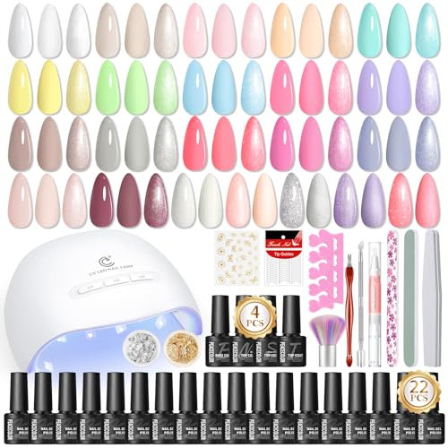Peacecolor 44 Pcs Kit Uñas Semipermanentes,22 Colores Pintauñas Semipermanentes con Base Top Coat Brillante Mate y Glitter, Kit Uñas de Gel con Herramientas