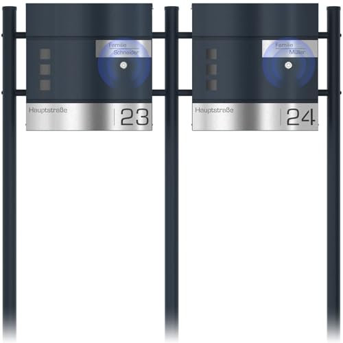 Buzón Doble con Timbre de Radio y Soporte en Antracita RAL 7016 - Buzón Personalizado de Acero Inoxidable Nombre Calle Número de casa - Ventana Cerradura