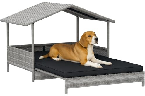 PawHut Rattan Dog House, Extendable Outdoor Wicker Dog Bed w/Water-Resistant Roof, Removable Cushion, for Small and Medium Dogs - Charcoal Grey