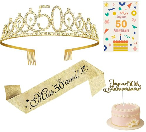 jenich (4 pcs) Couronne 50 Ans Anniversaire Echarpe Carte de Vœux Cake Topper 50 Ans Diadème Tiare de Couronne Or Écharpe Happy 50th Birthday Décoration Ensemble d'anniversaire 50 Femmes