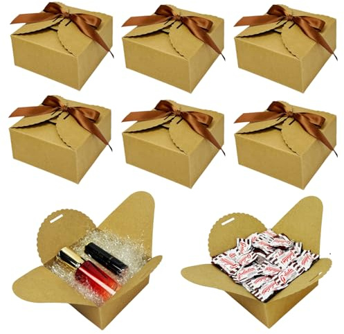 Festa Centro 50pz 12 x 12 x 6 cm Scatola regalo marrone in quadrata carta Kraft con nastro marrone; Piccole scatole regalo per feste, compleanni, matrimoni, bomboniere